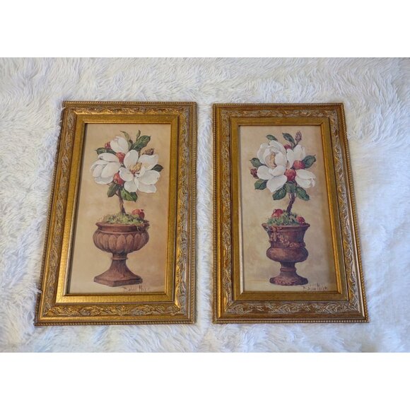 Vintage Home Interiors Barbara Mock Magnolia Floral Topiary Gold Framed Wall Art - Picture 7 of 17